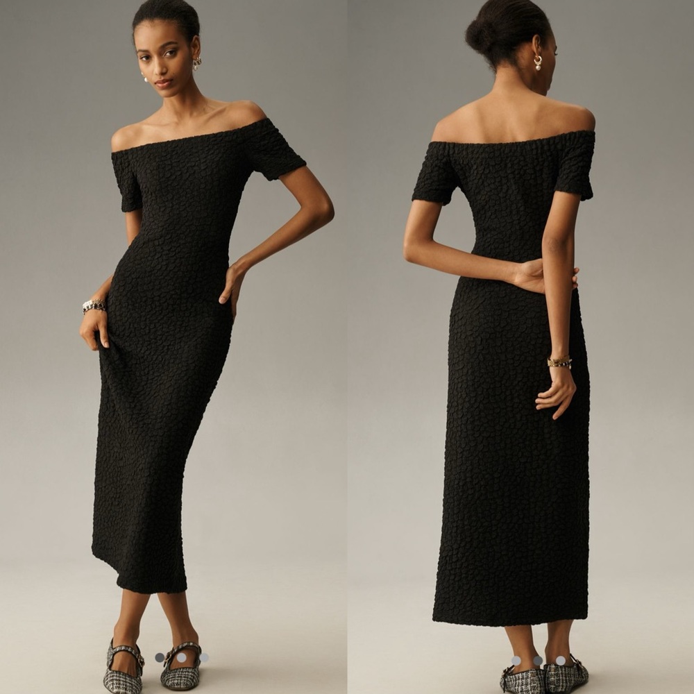 English factory off the shoulder textured midi dress - Picture 1 of 10